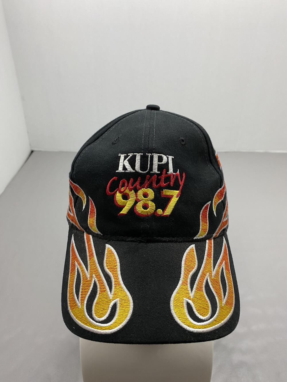 Hat Cap Strap Back One Size Black KUPI Country 98.7 Embroidered Flame Mens